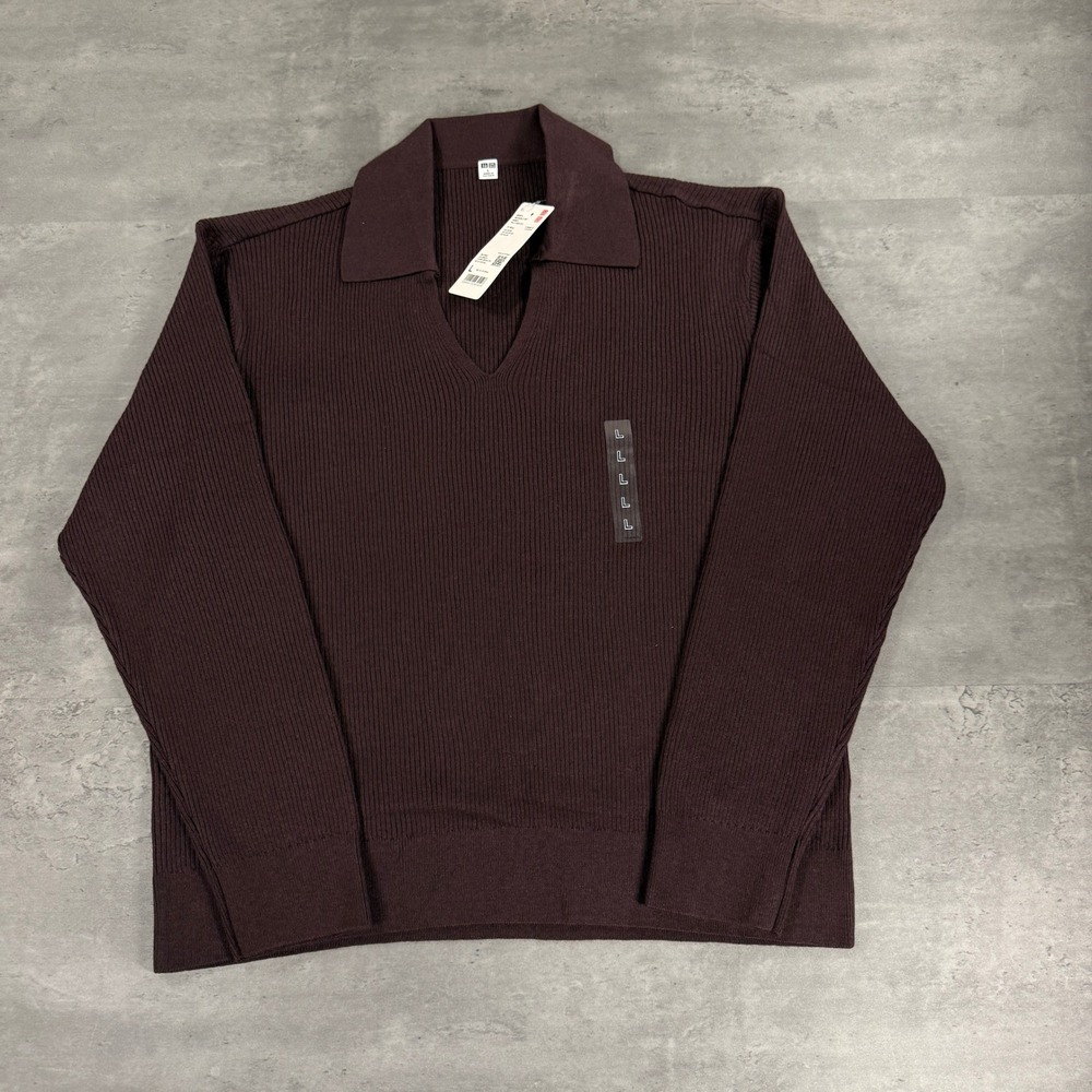 Uniqlo Polo Sweater Womens L Washable Knit Ribbed Wine Burgundy V-Neck NEW